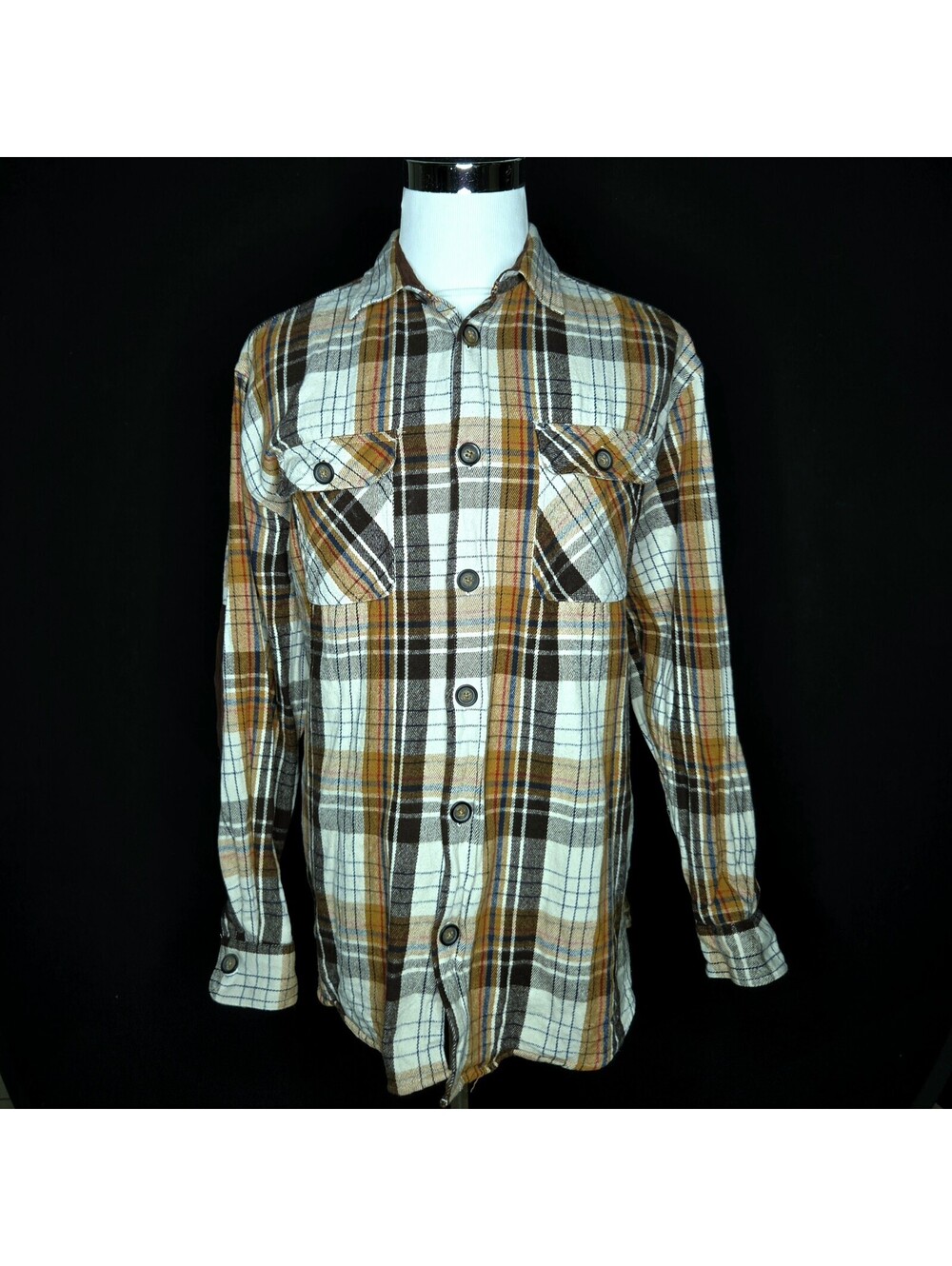 Men’s Buck Off Brown White Plaid Button-Up Flannel Western Shirt Sz XXL